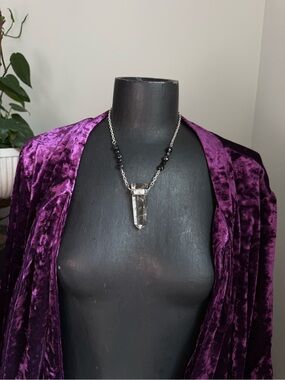 Smoky Quartz Crystal Point Pendant Necklace black agate beaded chain witchy boho